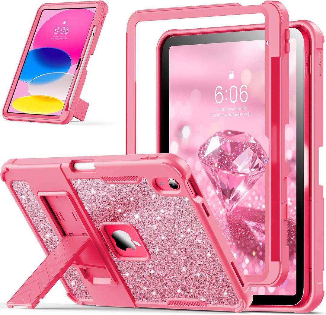 INFILAND Kids Case for iPad A16 11 inch 11th Generation,iPad 10th Generation Case 10.9 Inch, Heavy Duty Shockproof Protective Cover with Kickstand, Glitter Cute Shell for Girls, Women, Kids (Pink)