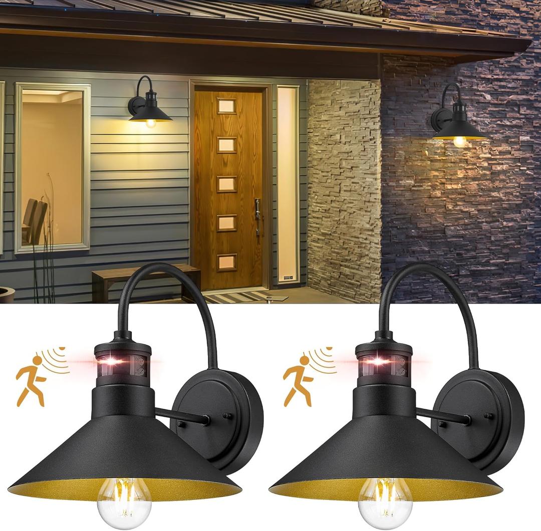 Motion Sensor Outdoor Wall Lights 10" Dusk to Dawn, 220 Wide Angle Detection & 3 Smart Modes, IP65 Waterproof Security Light with E26 Socket for Porch Garage Front Door (Black, Industrial Design)