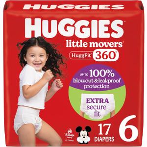 Huggies Size 6 Baby Diapers, Little Movers HuggFit 360 Baby Diapers with 360 Waistband, Size 6 (35+ lbs), 17 Count, Packaging May Vary