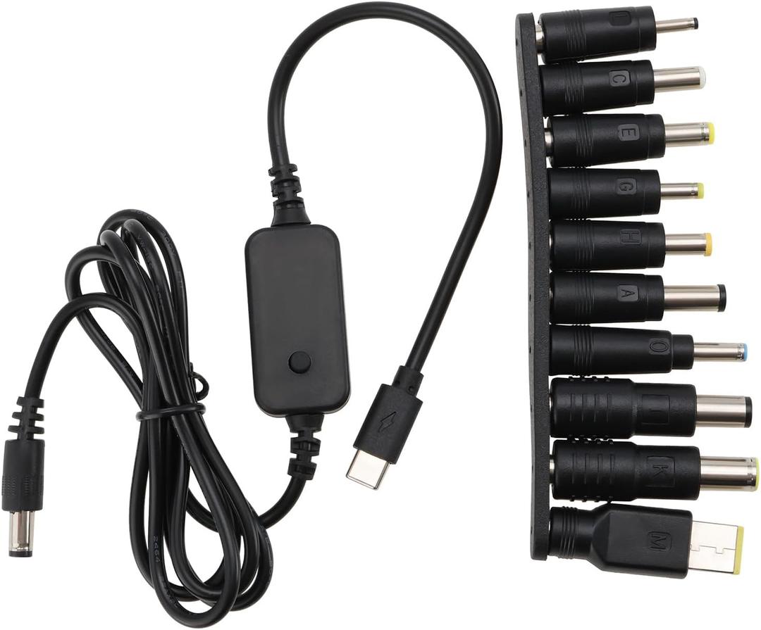 DC Adapter Cable Type C to DC5521 5V/9V/12V/15V/20V Adjustable Voltage DC Digital Display PD Fast Charging Cable for Optical Modem Routers Notebooks (1.2M Cable with 10 DC Converter Heads)