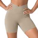ODODOS Women's Crossover Yoga Shorts with Back Pocket, 6" Buttery Soft V High Waist Lounge Biker Shorts, Shaker Beige, Small