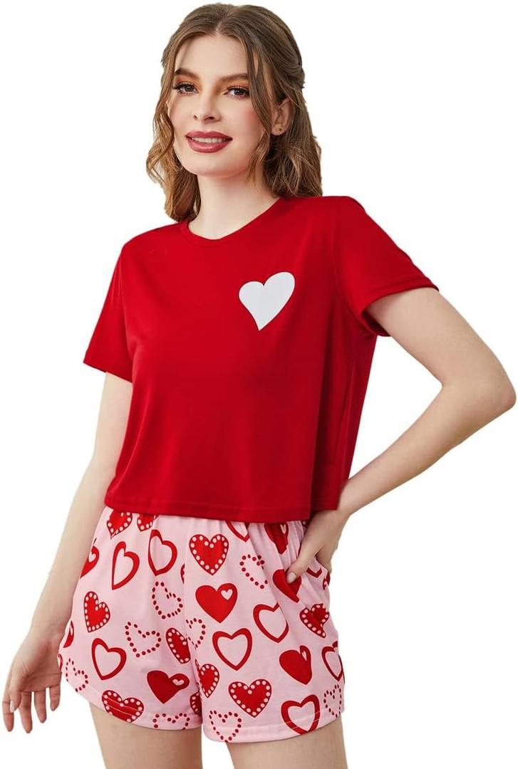 Laqeyko Cute Pajamas for Women Shorts Set Short Sleeve Tops and Shorts Pjs Sets Nightwear Sleepwear (Red, M)