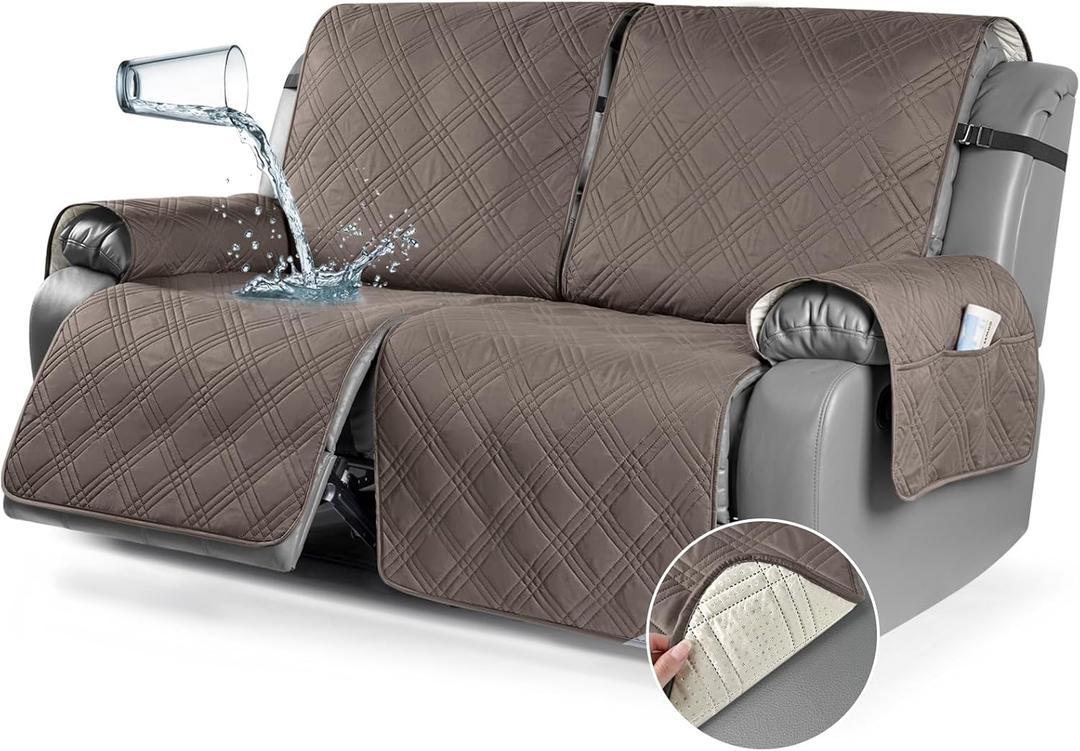 TAOCOCO 100% Waterproof Oversized Loveseat Recliner Cover, Non Slip Split Couch Covers for Reclining Loveseat with Elastic Straps for Kids Pets(Oversized 2 Seater, Taupe)