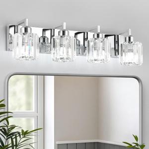 WILON Bathroom Vanity Light, 4-Light Modern Crystal Lights,Chrome Bathroom Light, E26 Base Wall Sconce for Mirror, Vanity, Porch & Bedroom (Excludes Bulbs) (Chrome, 4-Light) (Brushed Nickel)