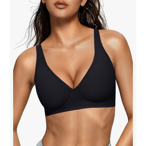 OEAK Womens Deep V Bras Wireless Comfortable Bra Supportive No Underwire Bras Tshirt Push Up Bralettes Plunge Seamless Bra, Size -XS Blac