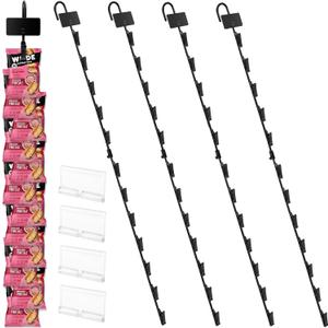 Hanging Merchandise Strips with Hooks - 32 inches Chip Display Rack Stands - Potato Chip Rack Bag Holder with 12 Clips for Retail Displaying, 4 Pack Black with Label Headers