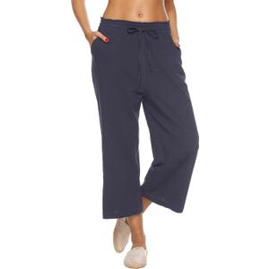 LNX Womens Linen Capri Pants Wide Leg High Waisted Drawstring Casual Cropped Pants with Pockets, 4XL