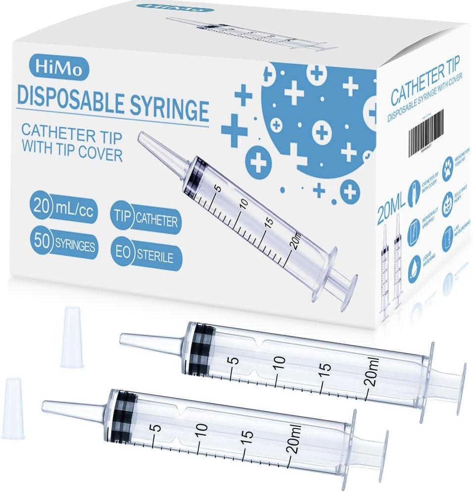 Himo 50 Pack 20mL Syringes with Catheter Tip and Cap Plastic Large Syringes for Liquids, Jello shot Party, Medicine Student, Oral, Scientific Labs, Measuring, Dispensing, Home Care