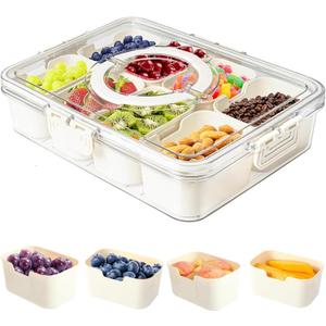 Snackle Box Container, Divided Serving Tray with Lid and Handle, 8 Compartment Portable Snack Box Containers, Clear Storage Organizer for Fruit Candy Nuts Veggie, Perfect for Road Travel Party