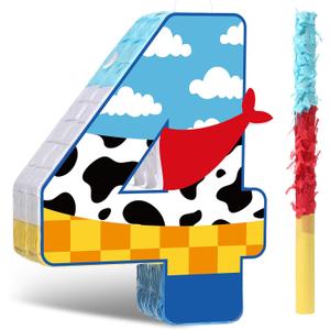 Hungdao Toy Inspired Birthday Piata for Kids Cartoon Cow Number Piata Decorations Summer Cartoon Story Game with Stick Red Scarf Blue Sky Cloud Boys Girls Baby Shower Farm Party Favor(Number 4)