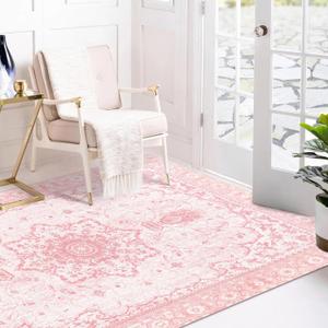 Area Rug - 3x5 Vintage Pink Honeycomb Non Slip Backing Area Rugs Soft Faux Wool Carpet Foldable & Machine Washable Rugs for Living Room Bedroom Dining Room Home Office (3'x5', Pink/Cream)