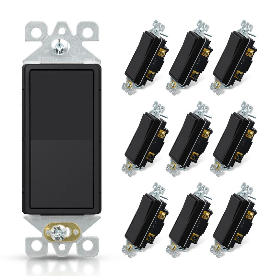 ELEGRP Matte Black 3 Way Decorative Light Switch, 15Amp, 120-277 Volt, AC Decorator Rocker Paddle Wall Switch Replacement, Self-Grounding, Residential and Commercial Grade, UL Listed (10 Pack) (Without Wall Plate) ELEGRP Matte Black 3 Way Decorative Light Switch, 15Amp, 120-277 Volt, AC Decorator Rocker Paddle Wall Switch Replacement, Self-Grounding, Residential and Commercial Grade, UL Listed (10 Pack) (Without Wall Plate)