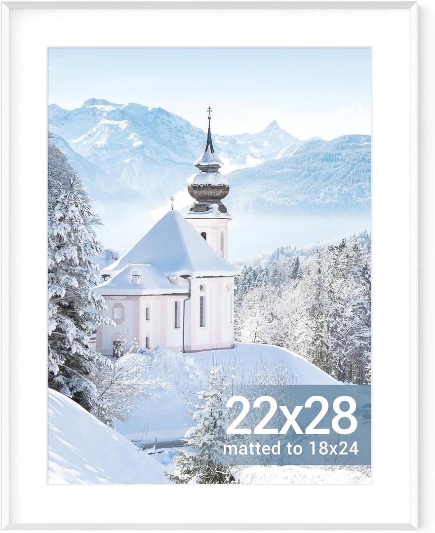White Picture Frame 22x28, 22 x 28 Inch Aluminum Poster Frame for Wall, 22x28 Frames Matted to 18x24, 22 by 28 White Frame with Tempered Real Glass, 28x22 Art Frames (22x28 - 1P)