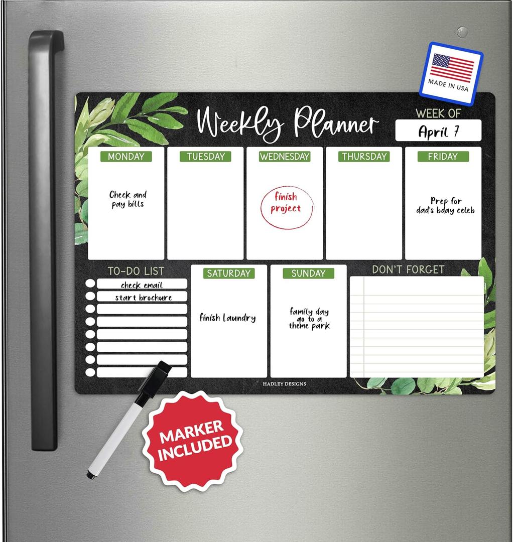 Hadley Designs Magnetic Weekly Planner for Fridge - Chalk Weekly Dry Erase Board, Week Magnetic Calendar for Refrigerator, Week Planner Board, Magnet Schedule Planners for Fridge