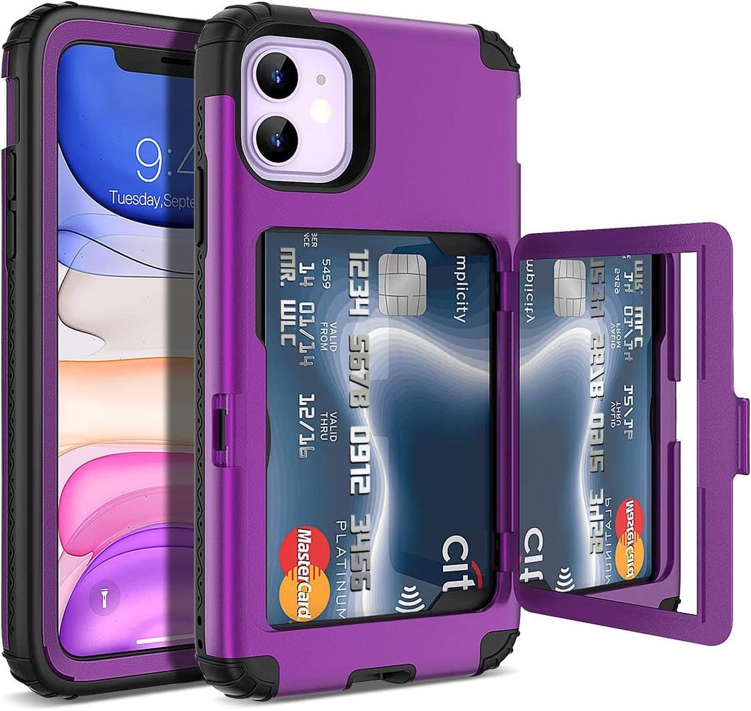 iPhone 11 Wallet Case for Women, Men- WeLoveCase Defender Credit Card Holder Cover with Hidden Mirror Three Layer Shockproof Heavy Duty Protection All-Round Protective Case for iPhone 11 Purple
