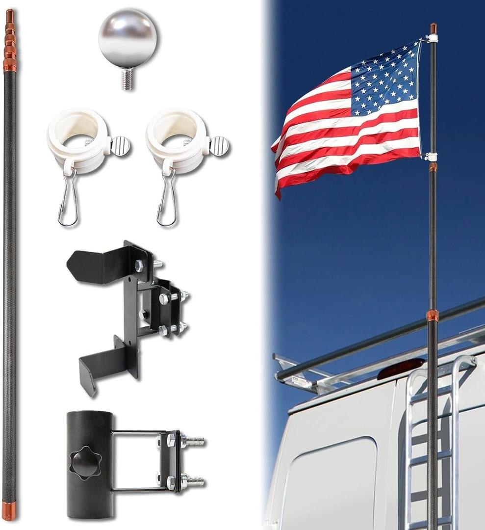 Telescoping Flag Pole, RV Ladder Flag Pole Kit, Carbon Fiber Tailgate Flag Pole - 20ft Adjustable, Upgraded Metal Hook, Suitable for Tailgate Parties, Camping and Outdoor Activities
