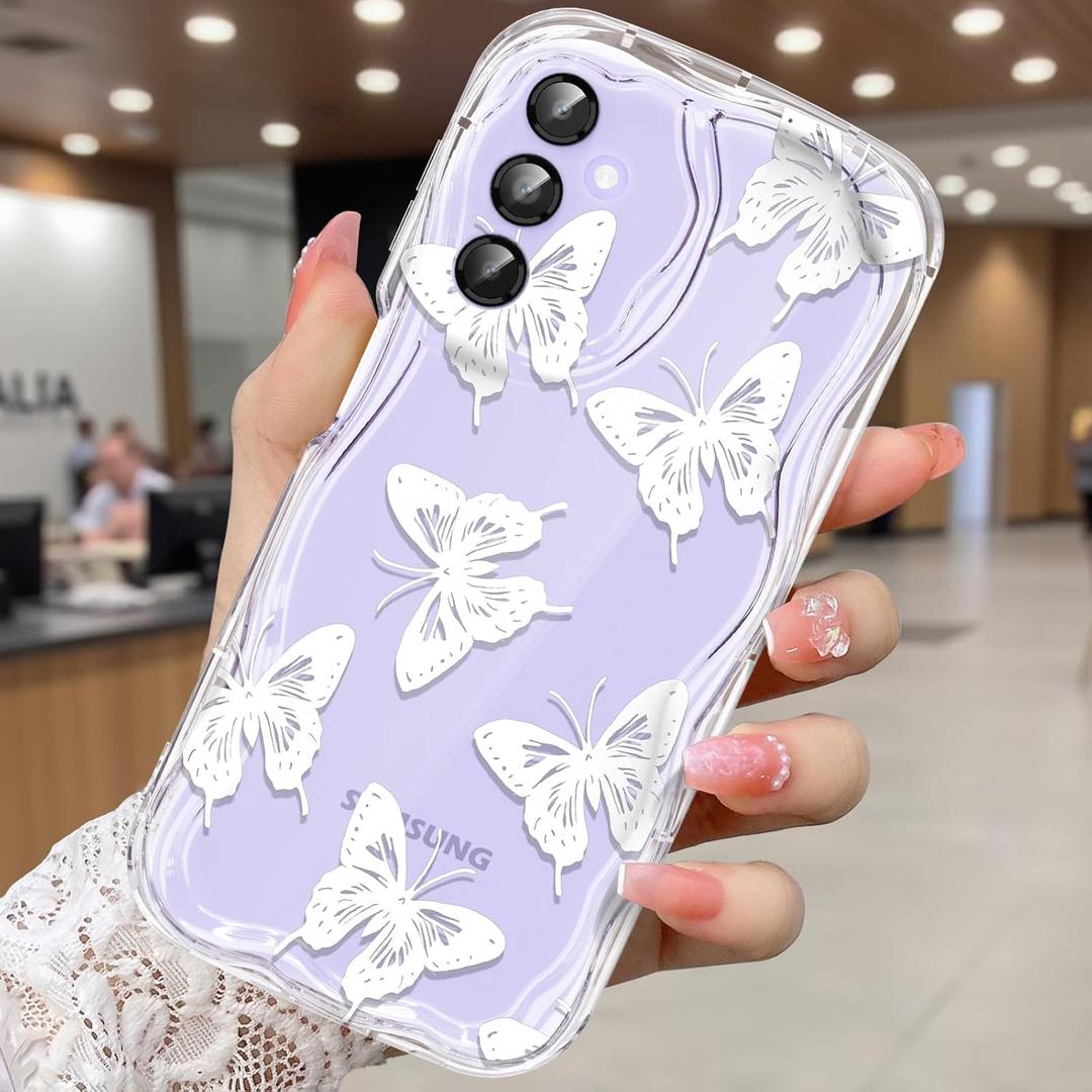 2 x Compatible for Samsung Galaxy A14 5G Case, Pretty Butterfly Print Three-Dimensional Wave Clear Case for Girls Women, Soft Full Package Anti-Fall Cover for Galaxy A14 5G, White Butterfly