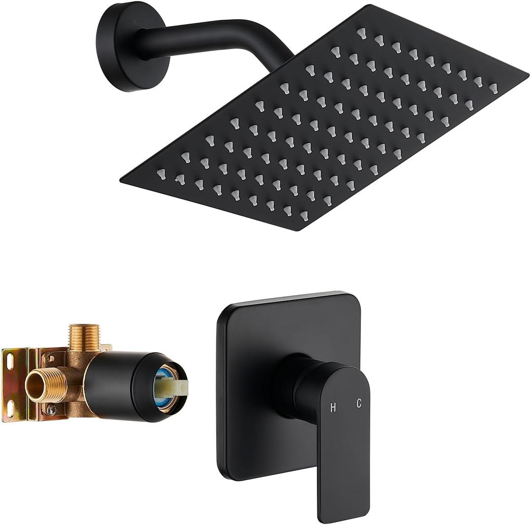 Black Shower Faucet Single Function Trim Kit with Rough-in Valve Set Bath Rainfall Shower System 8inch Square Stainless Steel Metal Shower Head