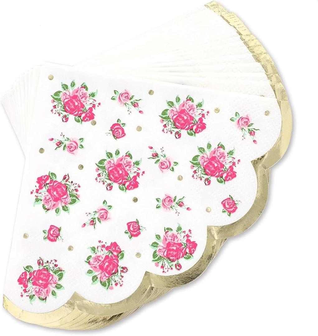Juvale 50 Pack 3 Ply Disposable Vintage Floral Paper Napkins with Scalloped Edges for Weddings, Tea Parties, and Anniversaries - 4.9x4.7 In White & Gold Vintage Cocktail Napkins