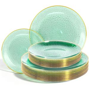 Lullaby 60pcs Green Plastic Plates with Gold Rim, Includes 30pcs Dinner Plate 10'' and 30pcs Clear Dessert Plate 7.5'', Green Disposable Plastic Plates for Parties, Birthdays and Wedding