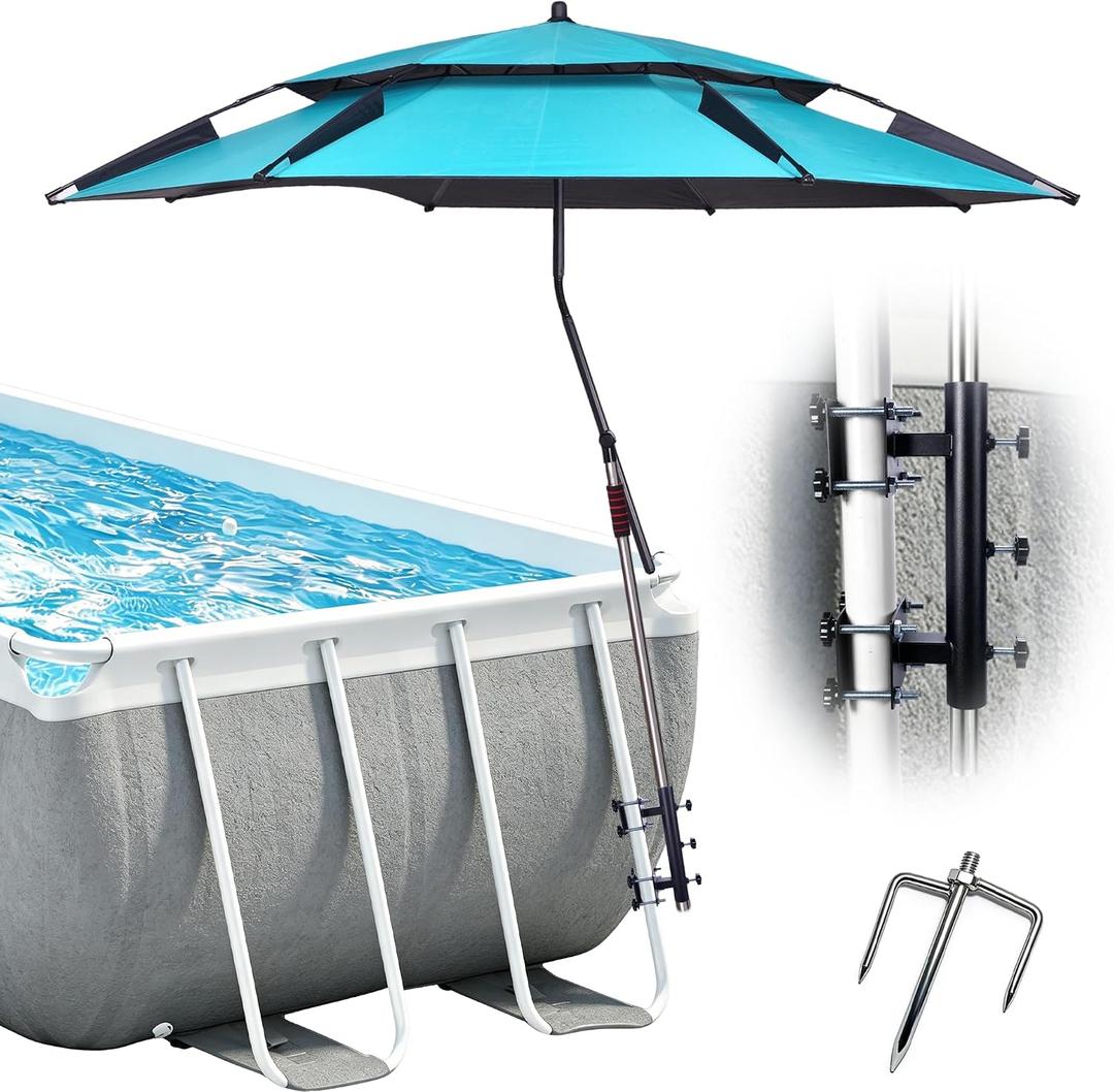 7FT Above Ground Pool Umbrella with Poolside Mount Bracket, Adjustable 5-Level Pool Sunshade for Frame Pools, Heavy-Duty UV Resistant Patio Umbrella for Backyard, Garden, Pool Deck
