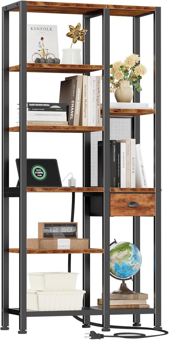 Furologee 6 Tier Bookshelf with USB Ports and Power Outlet, Double Tall Book Shelf with Drawer, Wide FreeStanding Shelf Units, Reversible Storage Rack for Bedroom, Living Room, Bathroom, Rustic Brown