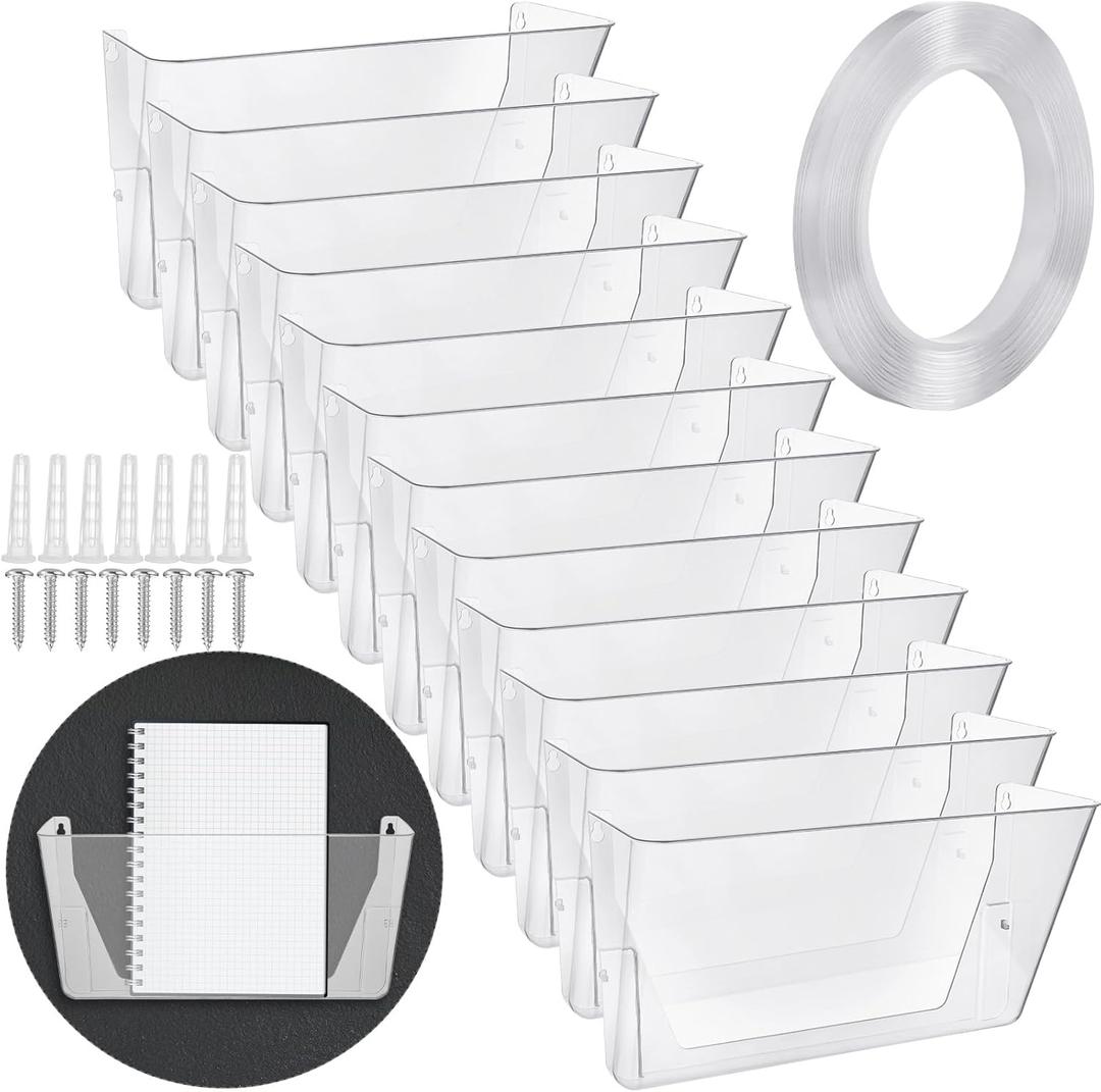 Tenceur 12 Pcs Plastic Single Pocket Wall Mount File Holder with Double Sided Adhesive Tape and Screws Wall File Hanging Folder Letter Paper Mail Organizer for Office Home Classroom (Clear)
