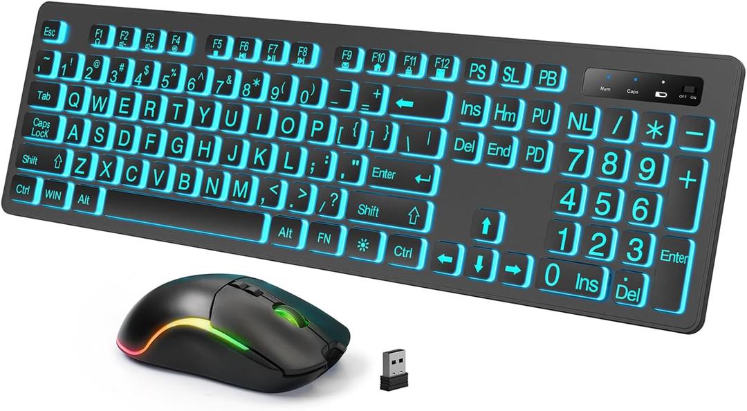 Backlit Large Print Wireless Keyboard and Mouse Combo, 2.4G Full Size Keyboards with Light Up Large Keys, Oversize Letters Keys Easy to See and Type, Quiet Keyboard Mouse for Windows, Laptop, PC (Black)