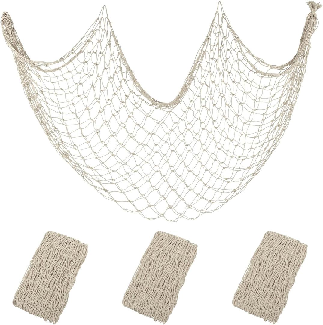 3 Pack Decorative Fishing Net, 80x40 Inch Large Beige Fish Net Decor for Wall, Photo Display, Nautical Mermaid Pirate Ocean Themed Beach Hawaii Under the Sea Party Decorations
