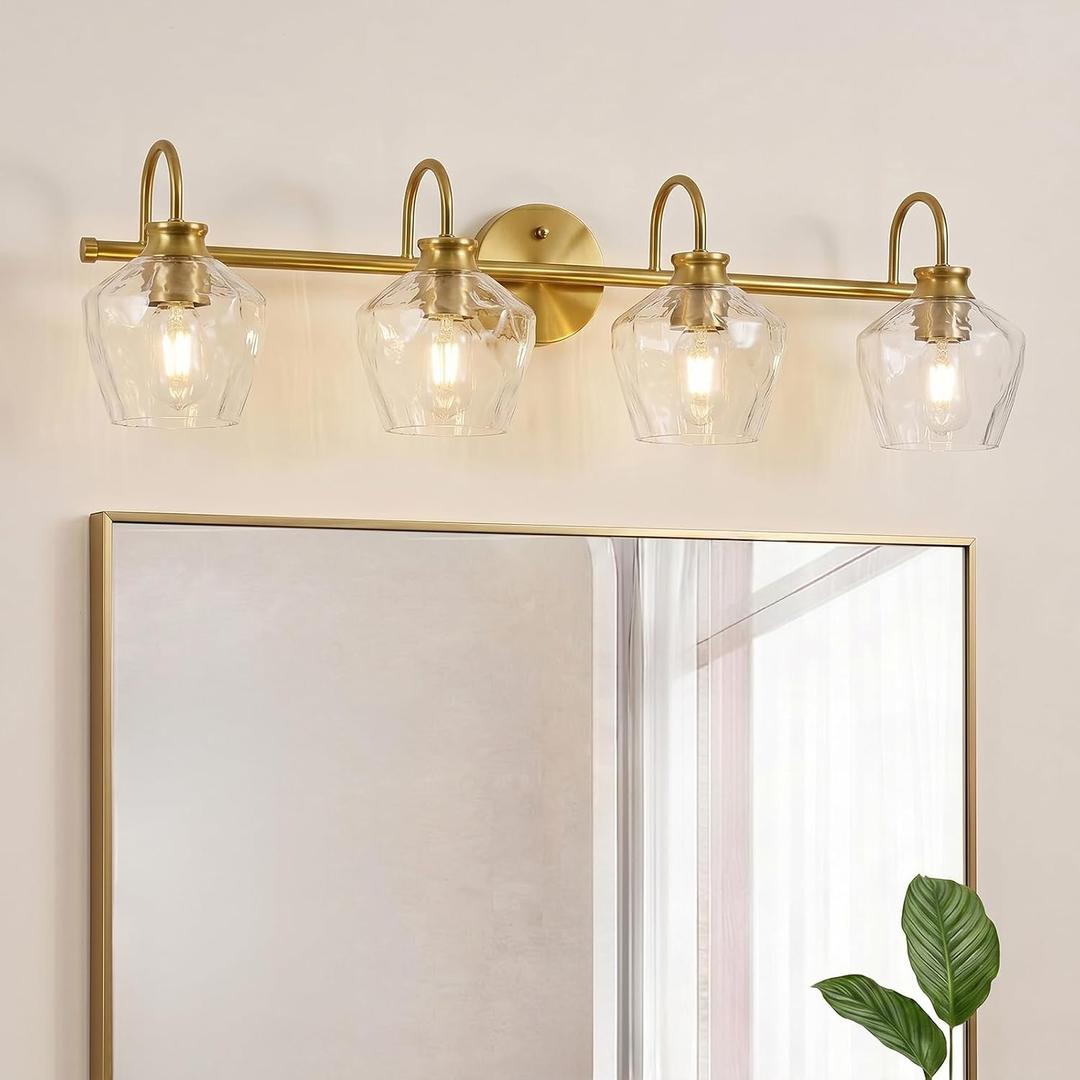 Brushed Gold Vanity Light, 4 Light Bathroom Light Fixtures with Clear Diamond-Shape Hammered Glass, Brass Vintage Ripple Wall Lights for Hallway, Bedroom, Anti-Rust, E26 Base (No Bulbs)