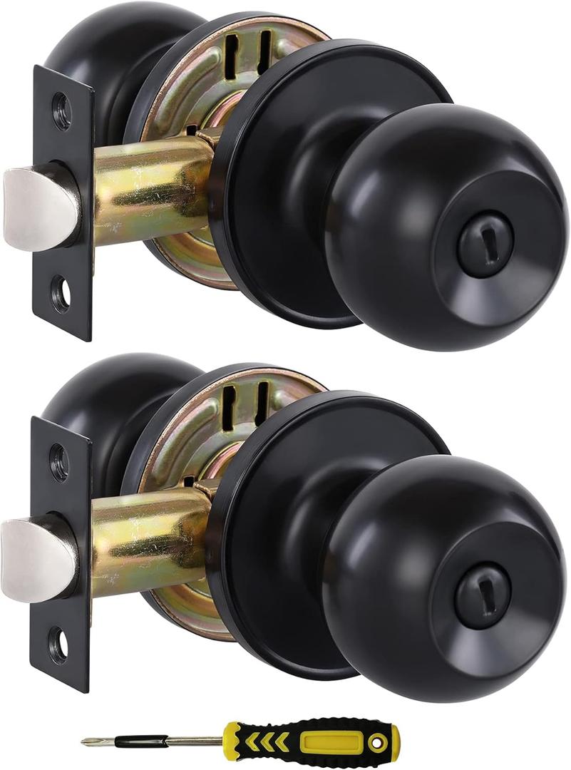Lanwandeng (2 Pack) Matte Black Interior Door Knobs with Lock for Bedroom/Bathroom, Keyless Privacy Door Knobs for Bed/Bath