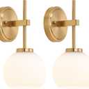 Gold Battery Operated Wall Sconce Set of 2, Wireless Rechargeable Sconces Wall Lighting with Remote Control, LED Dimmable Wall Lights with Opal White Glass Shade, 12 Colors RGB & 3 CCT Bulb