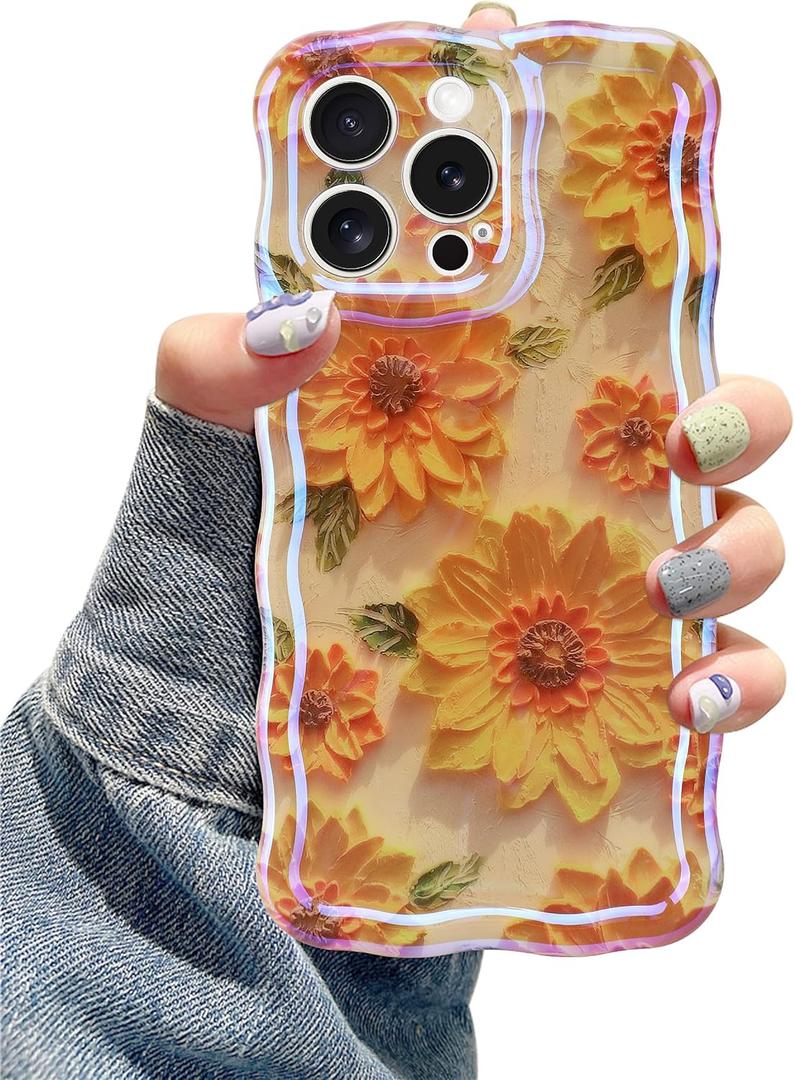Jusy Compatible with iPhone 11 Pro Max, Colorful Retro Oil Painting Printed Flower Laser Glossy Pattern Cute Curly Wave Phone Case Soft TPU Cover for Girly Women - Sunflower