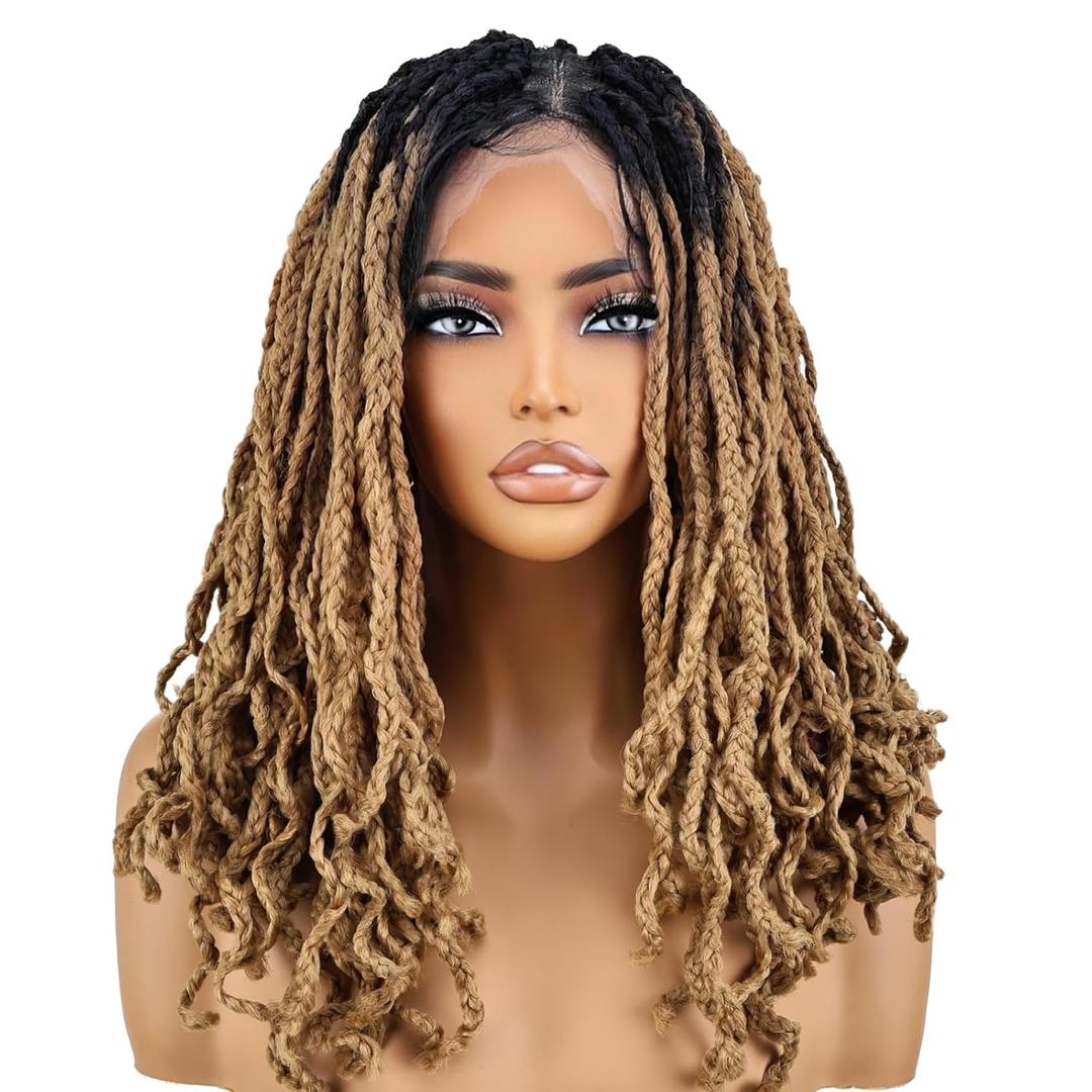 Ombre Honey Blonde Braided Wigs Full Lace with Baby Hair Box Braids Wig for Black Women with Babyhair 360 Double Lace Natural Wavy Pre Braided with Square Design Black Root 16 inch
