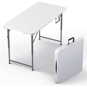 4 Feet Foldable Table Adjustable Height with Built in Handle, Steel Legs | 4FT Heavy Duty Portable | Perfect for Party Dining Wedding Events Picnic Indoor Outdoor Camping Utility Folding - 4 Foot (White)