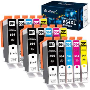 Valuetoner 15-Pack 564XL Ink Cartridges for HP Printers Replacement for HP 564 Ink Cartridges Combo Pack 564XL for Photosmart 7520 7525 7510 7515 B8550 B8553 B8558 C5324 C5370 (3 BK, 3 PBK & 3 C/ M/ Y)