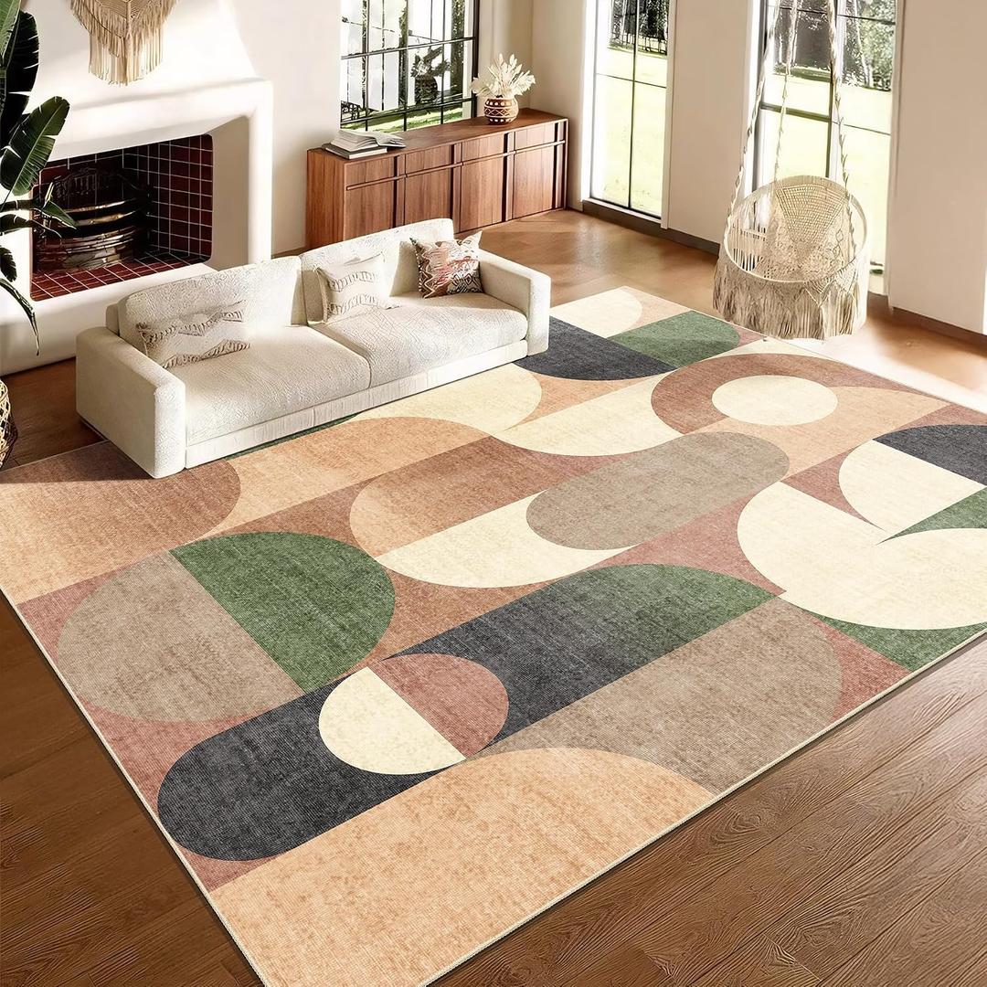 Large Modern Area Rugs 9x12 Washable Rug for Living Room Bedroom Dining Room,Retro Orange Geometric Non Slip Carpet