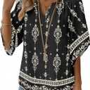 Zeagoo Womens Tops 3/4 Sleeve V Neck Bohemian Blouses Casual Loose Fit Tunic Boho Shirts Floral Printed Clothes (Black, XL)