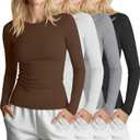 4 Pack Womens Compression Long Sleeve Shirts Crew Neck Yoga Tops Slim Fit Workout Basic T Shirt Gym Sports (Medium, Brown, White, Light Gray, Black)
