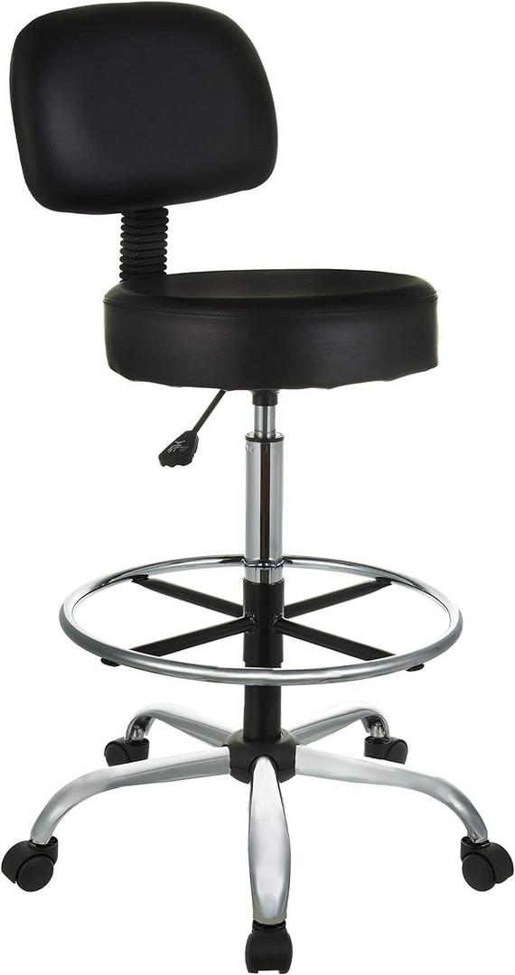 Multi-Purpose Adjustable Drafting Spa Bar Stool with Sturdy Foot Rest, Back Support Cushion, 360 Swivel and Wheels, Black