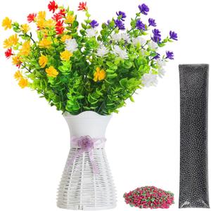 2 x 4-in-1 Artificial Flower Vase Set-2 Red&2 Yellow Lavender Stems with Plastic Vase, Odor Absorber Beads and Lavender Scented Corn Cob for Air Refresh Incense