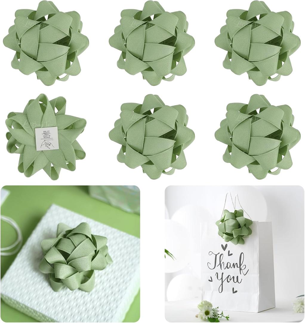 4.5 Inch Sage Green Bow for Gift Grosgrain Ribbon Present Bow, Valentines Bow for Gift Wrapping, Decorative Bow, Self Adhesive Bows, Gift Bow Assortment, Pack of 6