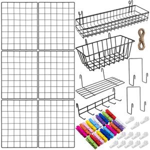 6 Pack 16 x 12 Inch Black Wall Grid Wire Panel with Accessories 1 Black Hanging Wire Basket, 1 Shelf, 1 Hook Rack, 2 Letter Sorter Shelf, 20 Clips, 12 Non Trace Nail, 2 Hemp Rope, Photo Home Decor