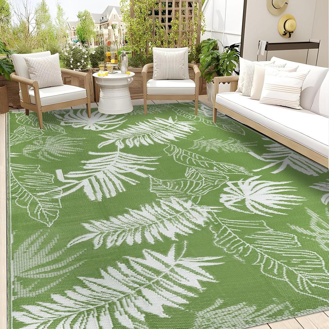 Outdoor Rug Waterproof,  Reversible Outdoor Plastic Straw Rug, Grass Green