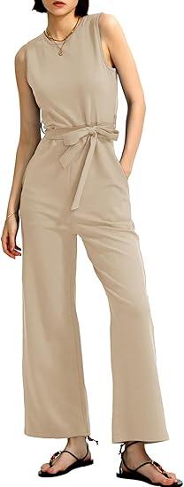 CHERFLY Jumpsuits for Women Dressy Summer Formal Outfits Belted Wide Leg Overalls 2025, Size: M-L