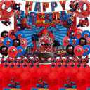 51PCS spidey birthday party supplies, backdrop, "Happy Birthday" banner,tablecloth, large aluminum balloon, small aluminum balloons, latex balloons, cake topper,cupcake toppers, hanging swirls