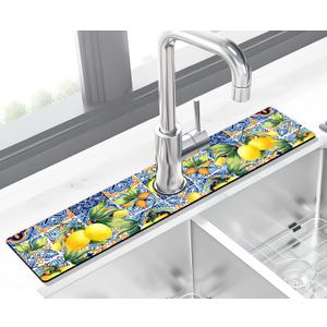 Kitchen Sink Splash Guard Faucet Mat Super Absorbent Fast Drying Mat Sink Gadgets Splash Guard Behind Faucet Drip Catcher for Kitchen (Lemon, 23.5x5.5in)