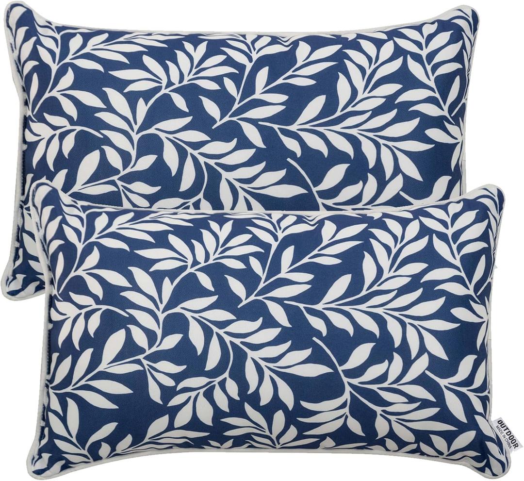 Pack of 2 Patio Lumbar Pillows, 12"x20" Fade Resistant Outdoor Waterproof Lumbar Pillow with Inners, Decorative Garden Lumbar Cushions for Home Patio Terrace Sofa Use (Blue and Leaves)