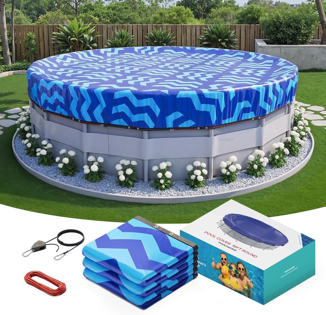 POOLHACKER2025 Upgrade 18 ft Winter Pool Cover - 18ft Round Above Ground, 4 Foot Overlap Extra Thick 420D Pool Cover with Pulley and Cable (Cerulean)