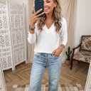 Dokotoo Womens Fall V Neck Long Sleeve Eyelet Embroidered Blouse (White, M)